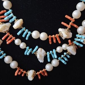 Vintage multi strand faux coral, turquoise & pearl necklace w/genuine shell